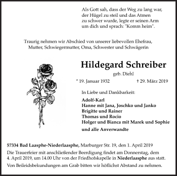 Traueranzeige von Hildegard Schreiber von Siegener Zeitung