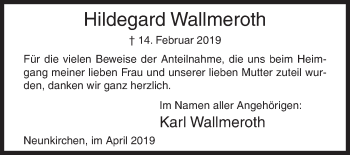 Traueranzeige von Hildegard Wallmeroth von Siegener Zeitung