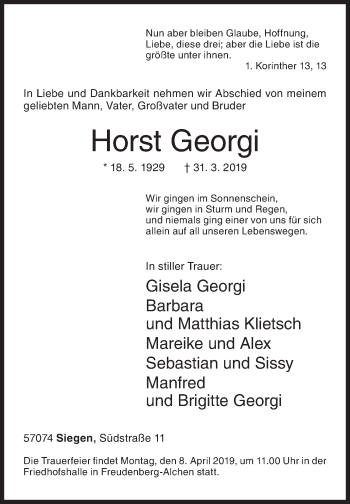 Traueranzeige von Horst Georgi von Siegener Zeitung