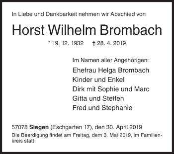 Traueranzeige von Horst Wilhelm Brombach von Siegener Zeitung