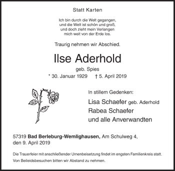 Traueranzeige von Ilse Aderhold von Siegener Zeitung