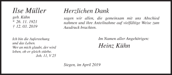 Traueranzeige von Ilse Müller von Siegener Zeitung