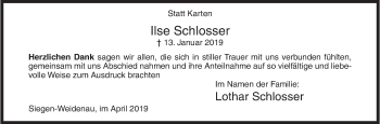 Traueranzeige von Ilse Schlosser von Siegener Zeitung