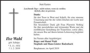 Traueranzeige von Ilse Wahl von Siegener Zeitung