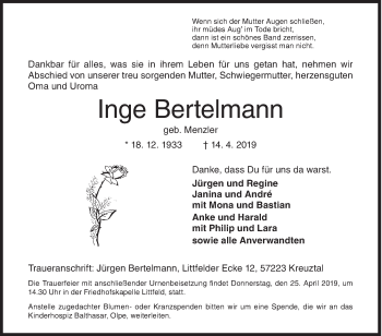 Traueranzeige von Inge Bertelmann von Siegener Zeitung
