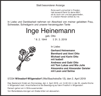 Traueranzeige von Inge Heinemann von Siegener Zeitung