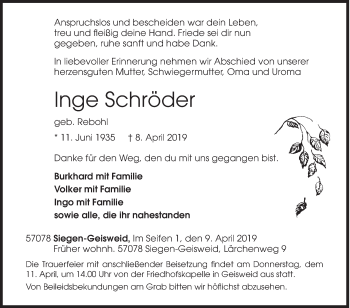 Traueranzeige von Inge Schröder von Siegener Zeitung