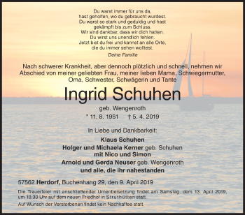 Traueranzeige von Ingrid Schuhen von Siegener Zeitung