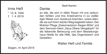 Traueranzeige von Irma Heß von Siegener Zeitung