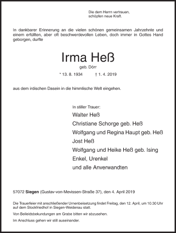 Traueranzeige von Irma Heß von Siegener Zeitung