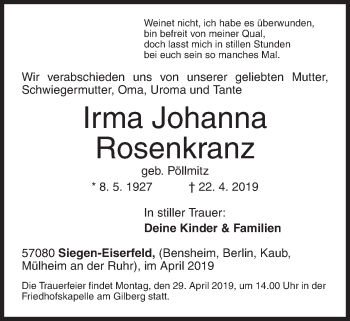 Traueranzeige von Irma Johanna von Siegener Zeitung