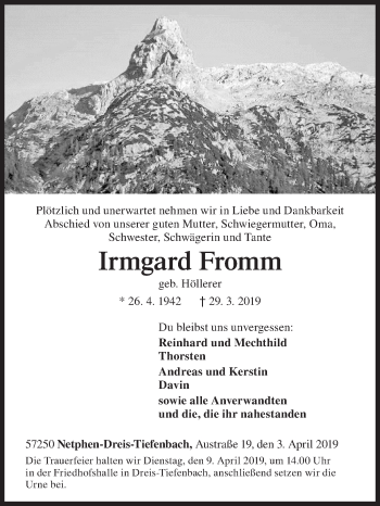 Traueranzeige von Irmgard Fromm von Siegener Zeitung