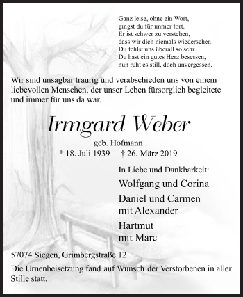 Traueranzeige von Irmgard Weber von Siegener Zeitung