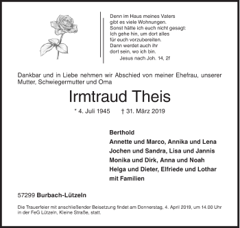 Traueranzeige von Irmtraud Theis von Siegener Zeitung