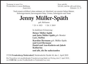 Traueranzeige von Jenny Müller-Späth von Siegener Zeitung