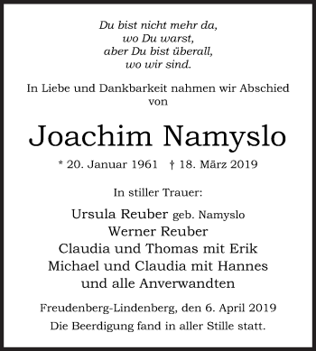 Traueranzeige von Joachim Namyslo von Siegener Zeitung