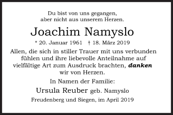 Traueranzeige von Joachim Namyslo von Siegener Zeitung