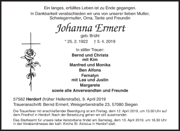 Traueranzeige von Johanna Ermert von Siegener Zeitung