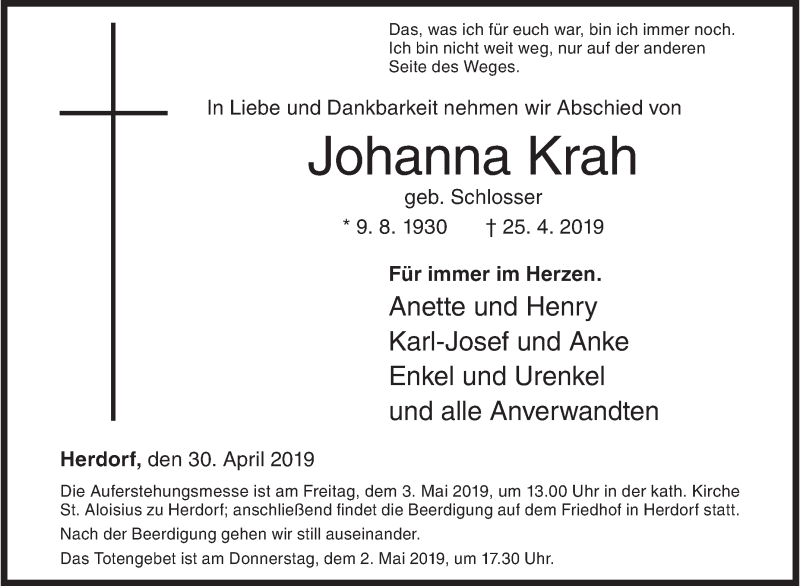  Traueranzeige für Johanna Krah vom 30.04.2019 aus Siegener Zeitung