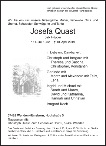 Traueranzeige von Josefa Quast von Siegener Zeitung