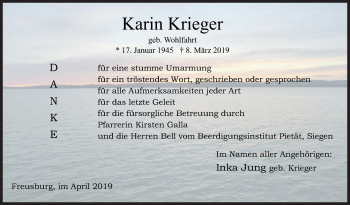 Traueranzeige von Karin Krieger von Siegener Zeitung