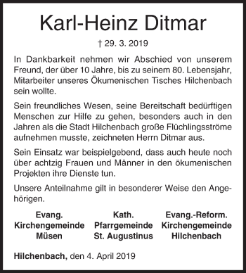 Traueranzeige von Karl-Heinz Ditmar von Siegener Zeitung