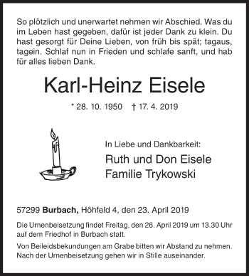 Traueranzeige von Karl-Heinz Eisele von Siegener Zeitung