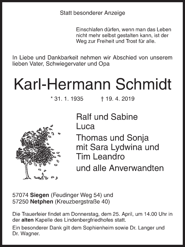  Traueranzeige für Karl-Hermann Schmidt vom 24.04.2019 aus Siegener Zeitung