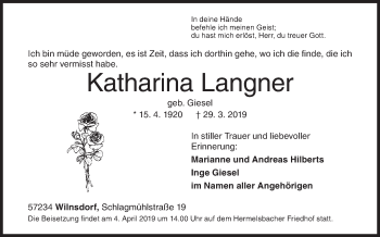 Traueranzeige von Katharina Langner von Siegener Zeitung