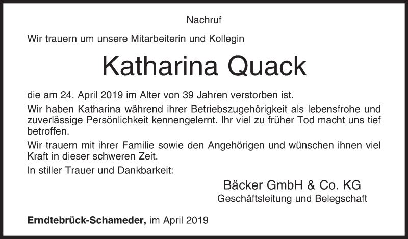  Traueranzeige für Katharina Quack vom 30.04.2019 aus Siegener Zeitung
