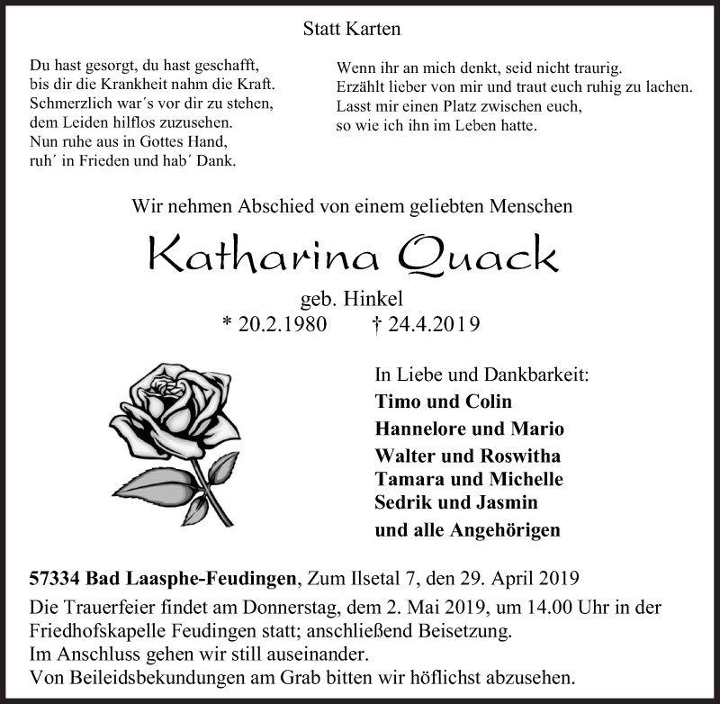  Traueranzeige für Katharina Quack vom 29.04.2019 aus Siegener Zeitung