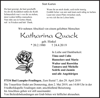 Traueranzeige von Katharina Quack von Siegener Zeitung