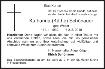 Traueranzeige von Katharina Käthe Schönauer von Siegener Zeitung