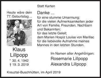 Traueranzeige von Klaus Lillpopp von Siegener Zeitung