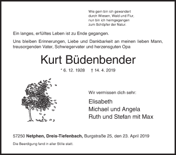 Traueranzeige von Kurt Büdenbender von Siegener Zeitung