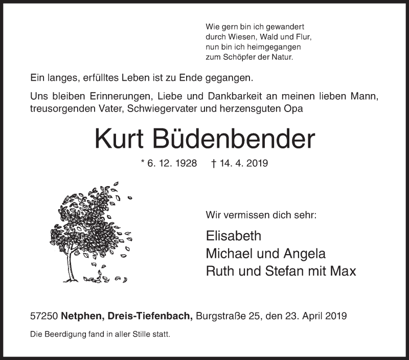  Traueranzeige für Kurt Büdenbender vom 23.04.2019 aus Siegener Zeitung