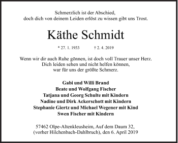 Traueranzeige von Käthe Schmidt von Siegener Zeitung