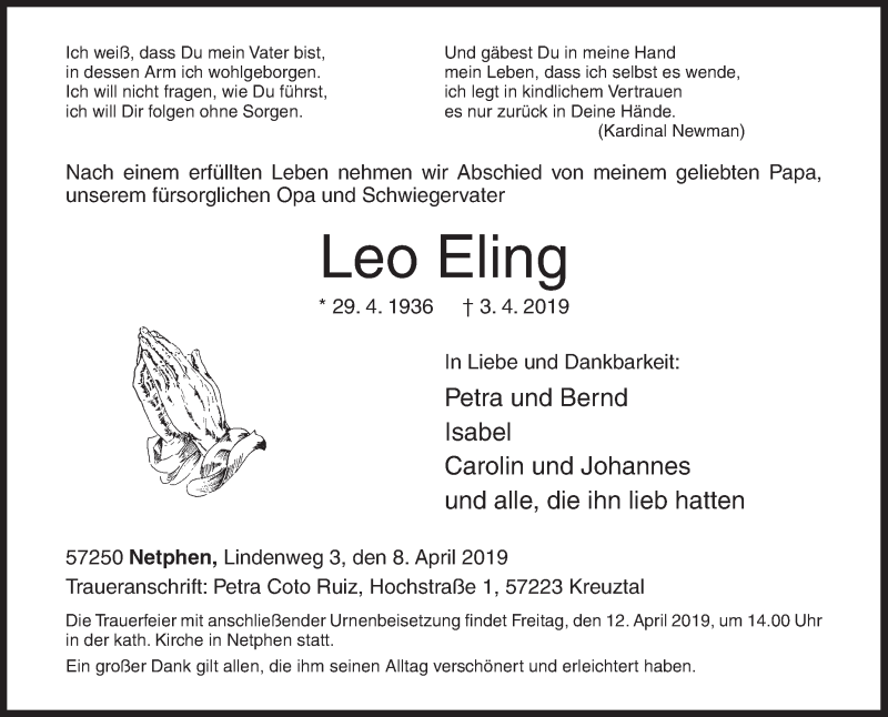  Traueranzeige für Leo Eling vom 08.04.2019 aus Siegener Zeitung