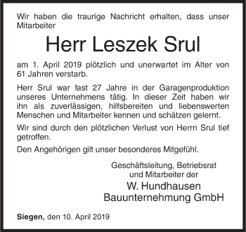 Traueranzeige von Leszek Srul von Siegener Zeitung