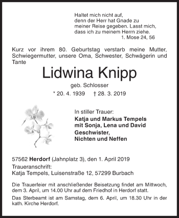 Traueranzeige von Lidwina Knipp von Siegener Zeitung