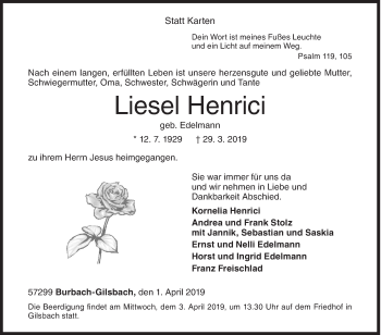 Traueranzeige von Liesel Henrici von Siegener Zeitung