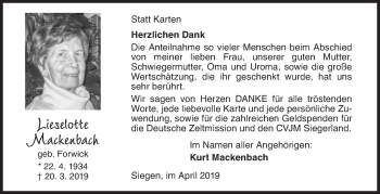 Traueranzeige von Lieselotte Mackenbach von Siegener Zeitung