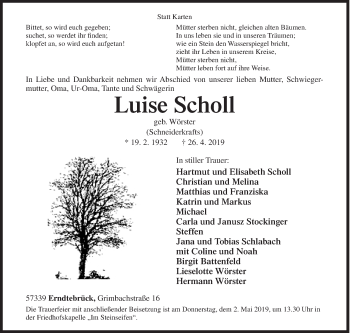 Traueranzeige von Luise Scholl von Siegener Zeitung