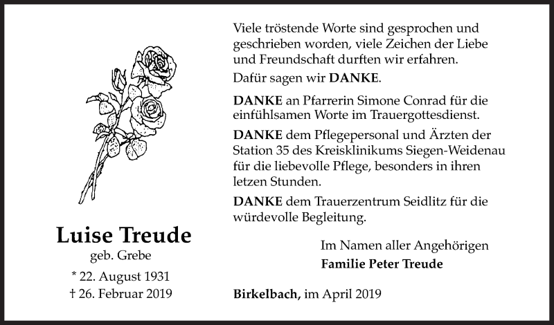  Traueranzeige für Luise Treude vom 27.04.2019 aus Siegener Zeitung
