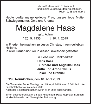 Traueranzeige von Magdalene Haas von Siegener Zeitung