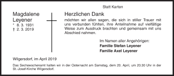 Traueranzeige von Magdalene Leyener von Siegener Zeitung