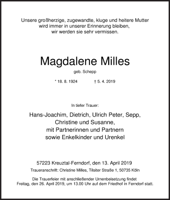 Traueranzeige von Magdalene Milles von Siegener Zeitung