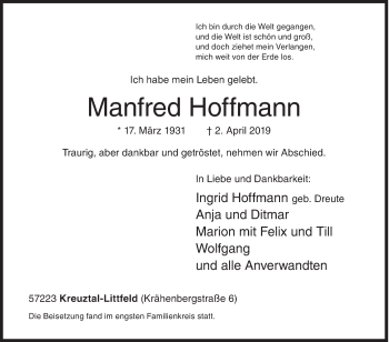 Traueranzeige von Manfred Hoffmann von Siegener Zeitung