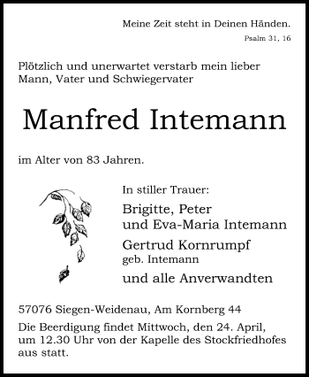 Traueranzeige von Manfred Intemann von Siegener Zeitung