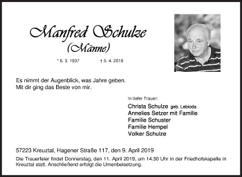 Traueranzeige von Manfred Schulze von Siegener Zeitung